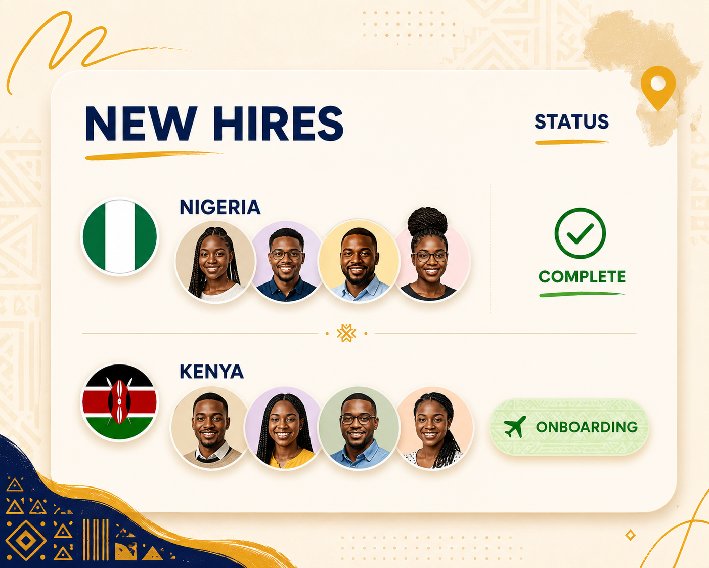 New hires in Nigeria and Kenya moving through payroll onboarding.